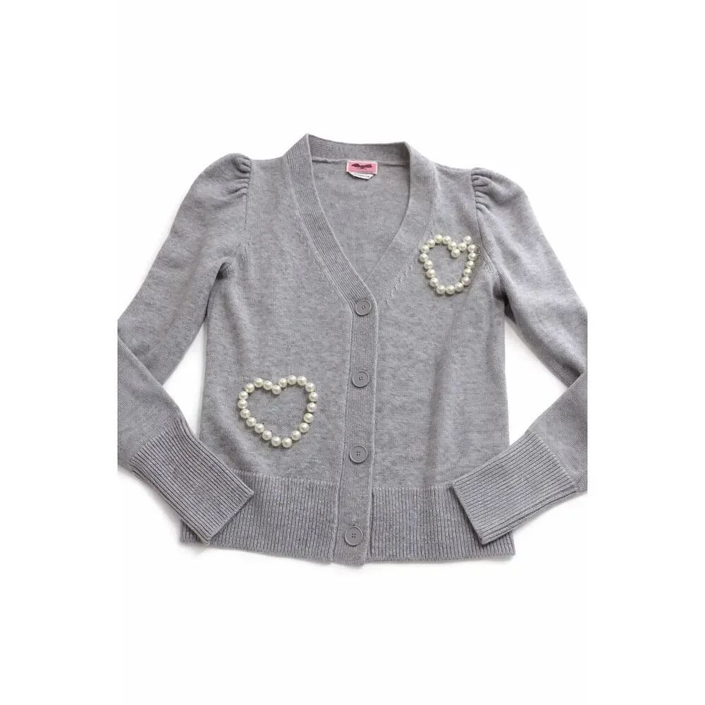 Kate Spade Gray Pearl Heart Knit Long Sleeve Button Front Cardigan Size XXS New